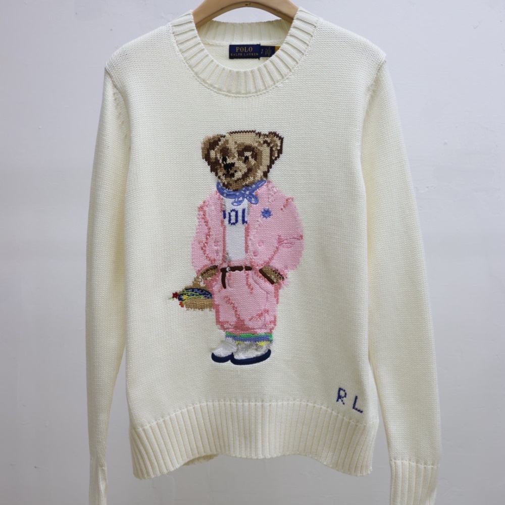 Polo by Ralph Lauren Cream Crewneck Sweater with Pink Bear Motif